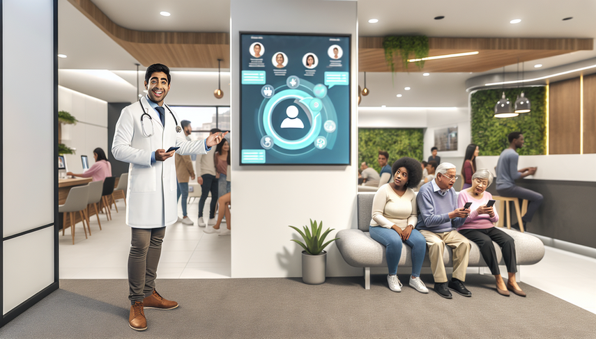Recepción de una clínica moderna con un médico hispano interactuando con una pantalla digital que muestra un chatbot médico para triage automatizado. Pacientes de diversas etnias utilizan sus smartphones para interactuar con el chatbot, destacando la integración de tecnología conversacional en la atención médica. El ambiente es acogedor y eficiente.