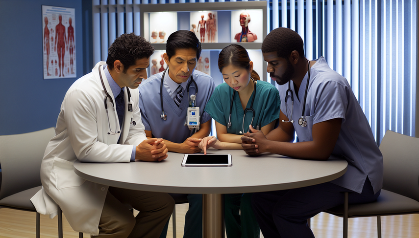 A diverse group of healthcare professionals, including a Hispanic physician, an Asian nurse, and an African American medical technician, reviews a detailed medical checklist on a tablet in a hospital conference room. The scene reflects a collaborative and professional environment, emphasizing the importance of standardized procedures and error reduction through clinical protocols.