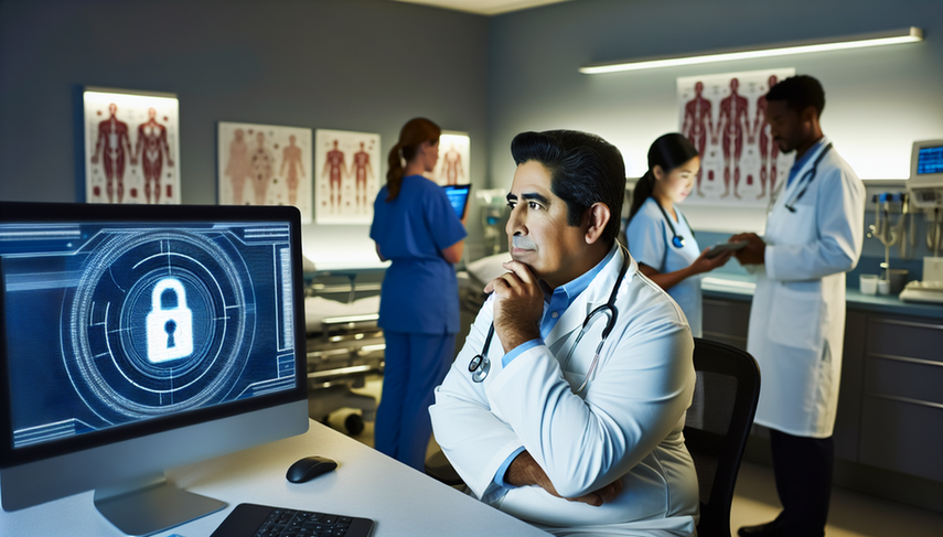 Un médico hispano de unos 40 años, con bata blanca y estetoscopio, observa atentamente una pantalla de computadora que muestra un símbolo de candado digital, simbolizando la seguridad de la información en un entorno hospitalario moderno. Al fondo, un grupo diverso de profesionales de la salud colabora en torno a una tableta digital, destacando la importancia del trabajo en equipo para proteger la información clínica y la ciberseguridad médica.