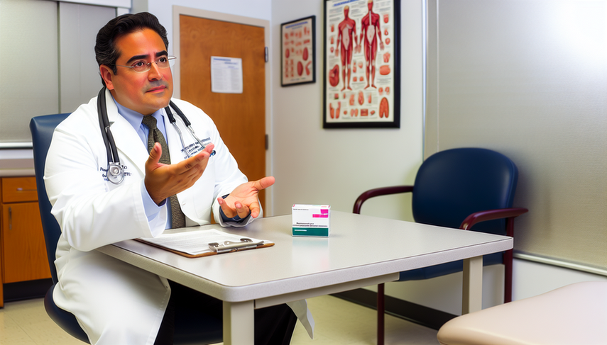 Paciente hispano de mediana edad en consulta médica con doctora hispana explicando el uso de claritromicina. La doctora sostiene una caja del medicamento y un bloc de recetas, mientras el paciente escucha atentamente. El entorno es profesional y bien iluminado, destacando la interacción médico-paciente.