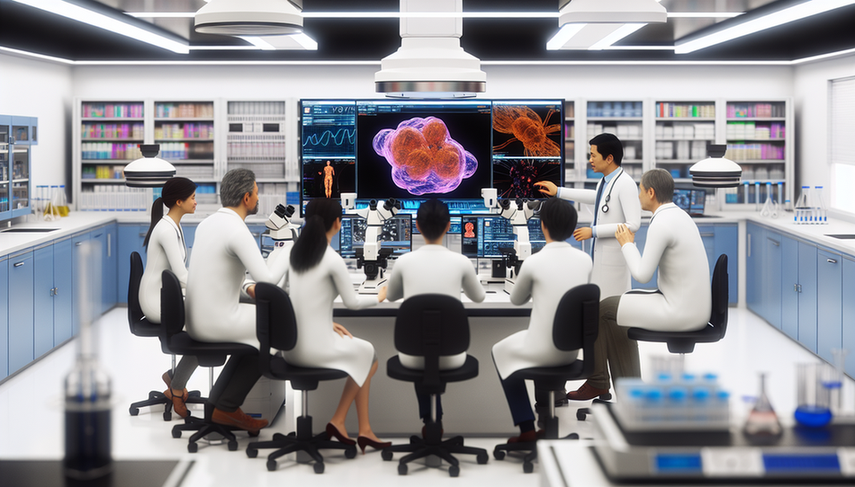 A modern medical laboratory featuring a diverse team of scientists and physicians, including a Hispanic man and an Asian woman, gathered around a computer screen displaying a 3D model of a tumor with tumor biomarker data. The environment reflects collaboration and innovation, equipped with cutting-edge technology and shelves filled with medical books and journals, emphasizing the importance of tumor classification, molecular analysis, and personalized diagnosis through machine learning.