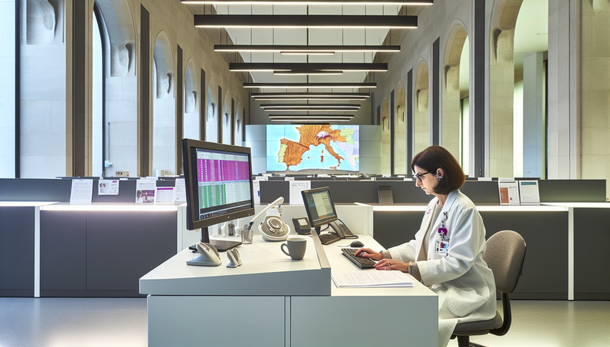 Modern medical office in Spain focusing on efficiency and technology. A middle-aged Spanish doctor in a white coat and glasses is intently working on a computer at a tidy desk. In the background, a digital screen displays a chart of medical coding and administrative tracking data. The atmosphere is calm and organized, reflecting a productive medical practice that enhances billing and overall productivity.