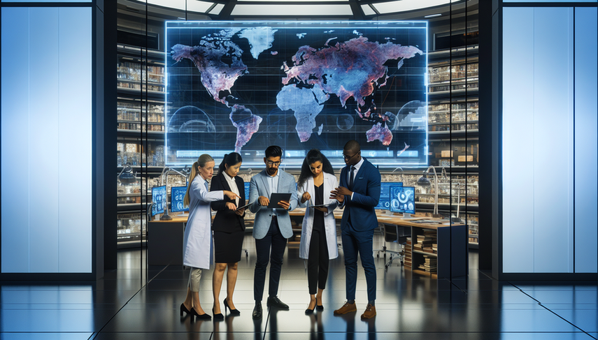 Un grupo diverso de científicos y investigadores de diferentes orígenes étnicos se reúne alrededor de un mapa digital interactivo del mundo en una pantalla de alta tecnología en un centro de investigación moderno. El mapa muestra ubicaciones globales conectadas, simbolizando la colaboración internacional en la investigación genética. Los investigadores, vestidos profesionalmente, discuten y toman notas en tabletas, reflejando un ambiente de innovación y trabajo en equipo impulsado por la inteligencia artificial.