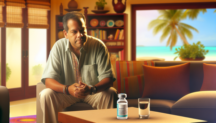 Middle-aged Hispanic man with a pained expression due to an acute gout attack, seated in a living room. Nearby, a bottle of 'Colchicine' and several pills are visible, emphasizing the focus on treating acute gout and highlighting potential gastrointestinal toxicity and diarrhea associated with the loading dose.