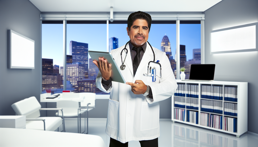 A middle-aged Hispanic physician in a white coat and stethoscope holds a tablet displaying medical data while explaining an important concept in a modern office. The window behind him reveals a bustling city, symbolizing the connection to the world. On the desk, there are medical books and a laptop, representing the integration of traditional knowledge and modern technology. His focused and approachable expression conveys trust and authority, emphasizing the physician's role in responsible outreach and combating misinformation in public health through social media.