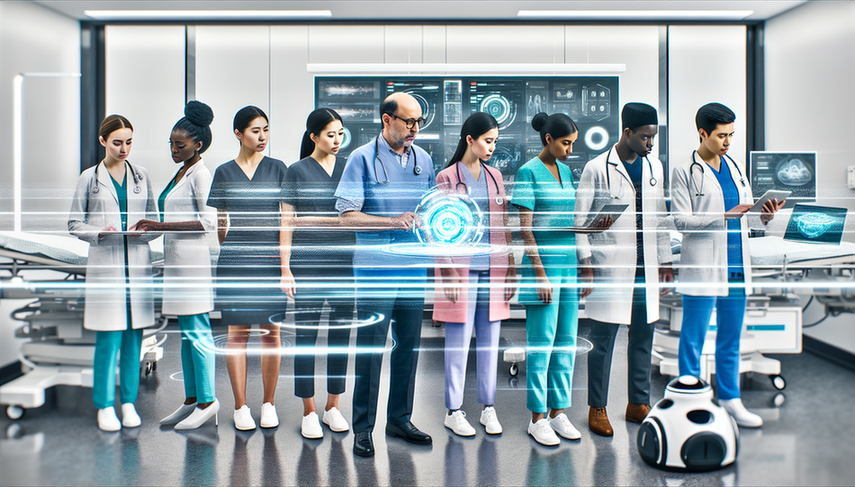 A modern hospital featuring healthcare professionals of diverse ethnicities gathered around a digital screen displaying data analysis and patient information, highlighting the integration of AI optimization. In the background, a robotic assistant organizes medical supplies, symbolizing hospital efficiency. The environment reflects collaboration and innovation, emphasizing how AI enhances efficiency and reduces healthcare costs, ultimately contributing to healthcare sustainability and a strong return on investment in technology.