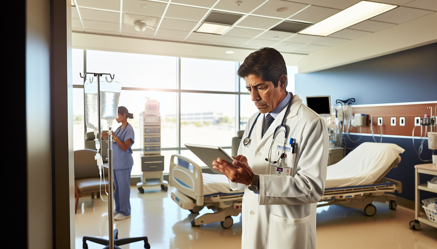 Un médico hispano de unos 40 años revisa atentamente un expediente médico en una tablet en una habitación de hospital moderna y bien iluminada, mientras una enfermera hispana ajusta un goteo intravenoso en el fondo. La escena refleja un ambiente profesional y de trabajo en equipo, centrado en la prevención y manejo temprano de complicaciones postoperatorias.