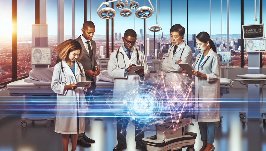 A modern hospital room featuring advanced medical equipment, where a diverse group of doctors and scientists collaborates. In the center, a holographic display showcases a quantum computer model, symbolizing the role of quantum computing in healthcare. A Hispanic female doctor holds a tablet with medical data. This scene reflects innovation and collaboration in the integration of cutting-edge AI and quantum algorithms for big data analysis, highlighting the future of healthcare.