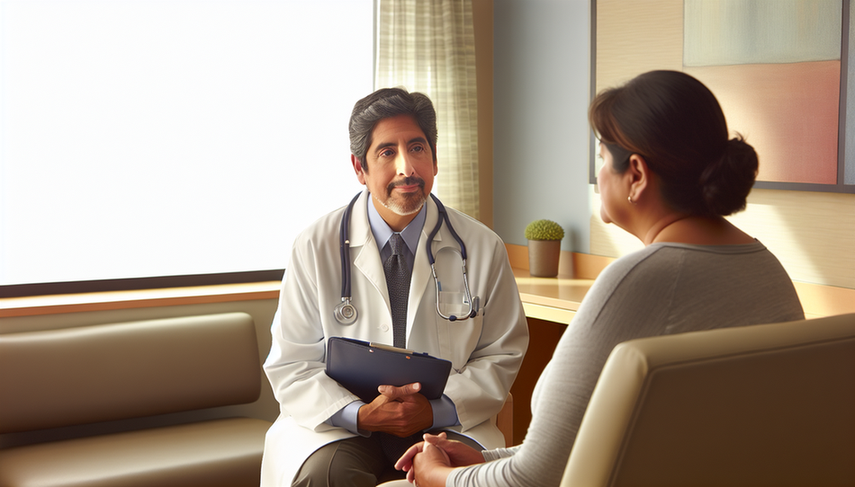 A middle-aged Hispanic doctor with a friendly expression is in a calm hospital consultation room, communicating a serious diagnosis to a middle-aged Hispanic patient who appears anxious. The softly lit room, illuminated by natural light, creates a warm and empathetic environment, highlighting the importance of effective communication skills in the doctor-patient relationship when delivering bad news.