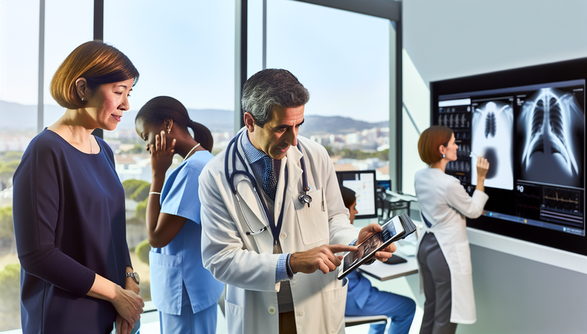 Oficina médica moderna en España con un grupo diverso de profesionales de la salud colaborando. En primer plano, un médico hispano de unos 40 años escucha atentamente a una enfermera de ascendencia africana que sostiene una tableta digital con una historia clínica sintética. Al fondo, una doctora asiática joven toma notas mientras un médico caucásico de mediana edad señala una pantalla digital con un gráfico simplificado del paciente. La escena resalta la comunicación efectiva y el trabajo en equipo en la atención médica.