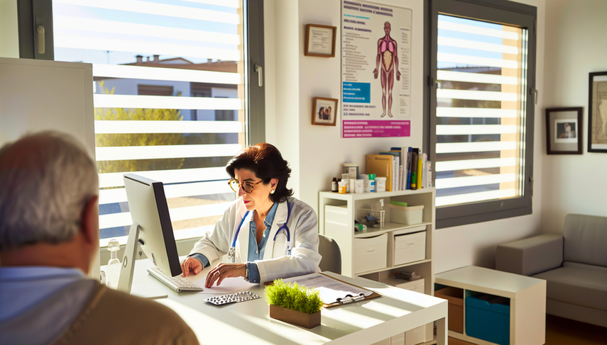 Consultorio médico moderno en España, con un enfoque en la seguridad del paciente y la conciliación de medicación. Una doctora española de mediana edad revisa atentamente el historial farmacológico de un paciente en la pantalla de su computadora. El paciente, un hombre de mediana edad con rasgos mediterráneos, está sentado frente a ella, participando relajadamente en la conversación. El ambiente es profesional y acogedor, con documentos médicos organizados y un póster sobre seguridad del paciente en el fondo.