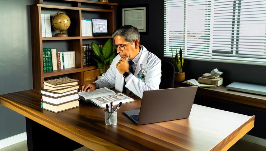 Un médico hispano de mediana edad, con bata blanca y gafas, está sentado en un moderno escritorio de oficina, leyendo atentamente una revista médica abierta. En el escritorio hay una pila organizada de revistas médicas y una laptop mostrando una interfaz de biblioteca digital. El médico sostiene un bolígrafo, listo para tomar notas en un bloc cercano. Al fondo, se ve una estantería llena de libros y revistas médicas, y una ventana que deja entrar luz natural, iluminando una planta en el alféizar. La escena refleja dedicación y enfoque en la actualización médica y la revisión de literatura científica.