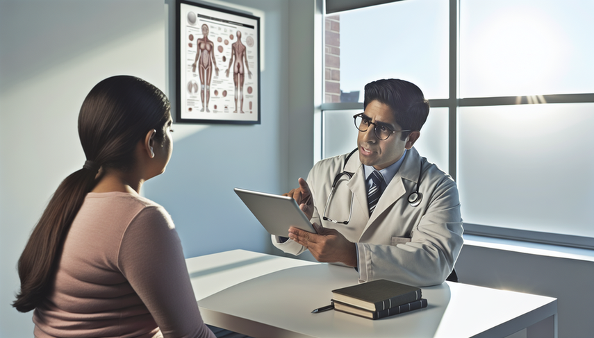 Consultorio médico moderno con luz natural. Un médico hispano de unos 40 años, con bata blanca y gafas, explica algo en una tableta digital a una paciente hispana de unos 30 años. La paciente escucha atentamente y asiente con una leve sonrisa. En el escritorio hay libros médicos y un estetoscopio. La imagen resalta la comunicación y comprensión en el proceso de consentimiento informado.