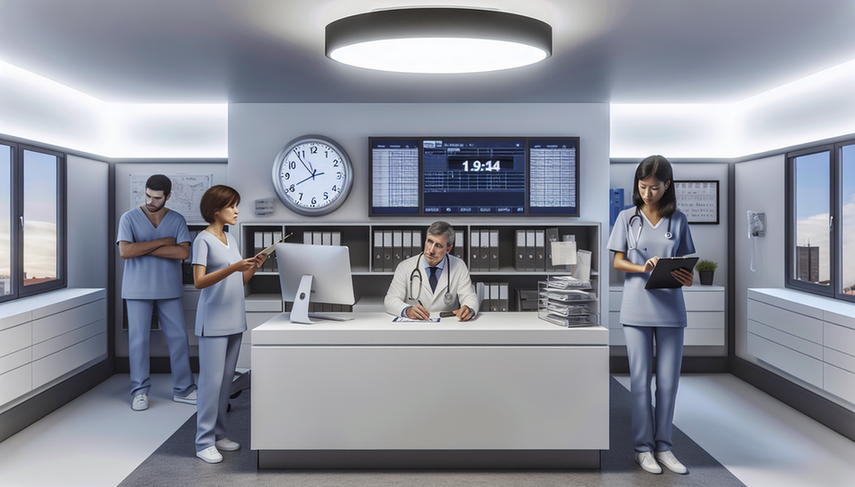 Oficina médica moderna en España con un enfoque en eficiencia y organización. Un grupo diverso de profesionales de la salud, incluyendo un médico, una enfermera y una asistente administrativa, trabajan en equipo alrededor de un escritorio central. El médico revisa una tableta digital, la enfermera sostiene un portapapeles con historiales de pacientes y la asistente escribe en una computadora. Un reloj digital grande muestra la hora, y una pizarra blanca en la pared presenta un horario y lista de tareas claras, destacando un ambiente de productividad y gestión eficiente del flujo de pacientes.