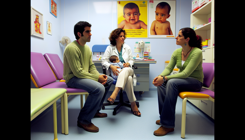 Consultorio pediátrico en España con ambiente acogedor. Una pediatra hispana de mediana edad conversa con una pareja joven hispana que sostiene a su bebé. En la pared, un cartel sobre los beneficios de la vacunación. La escena refleja confianza y comunicación abierta, destacando la importancia de abordar las preocupaciones parentales sobre la vacunación pediátrica.