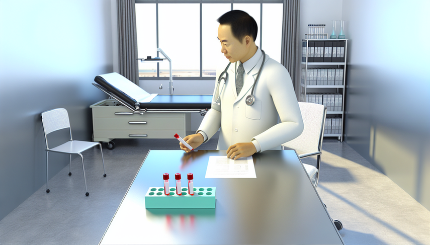 A Hispanic physician in his 40s, wearing a white coat and stethoscope, carefully examines two test tubes labeled 'COVID-19' and 'Influenza' on his desk. A comparative symptom chart for both diseases is displayed on his laptop screen. In the background, a poster illustrates the symptoms of COVID-19 and Influenza with colorful icons. The modern, well-lit office conveys professionalism and calm, emphasizing the importance of accurate molecular diagnosis in differentiating between fever and fatigue caused by these viral infections.