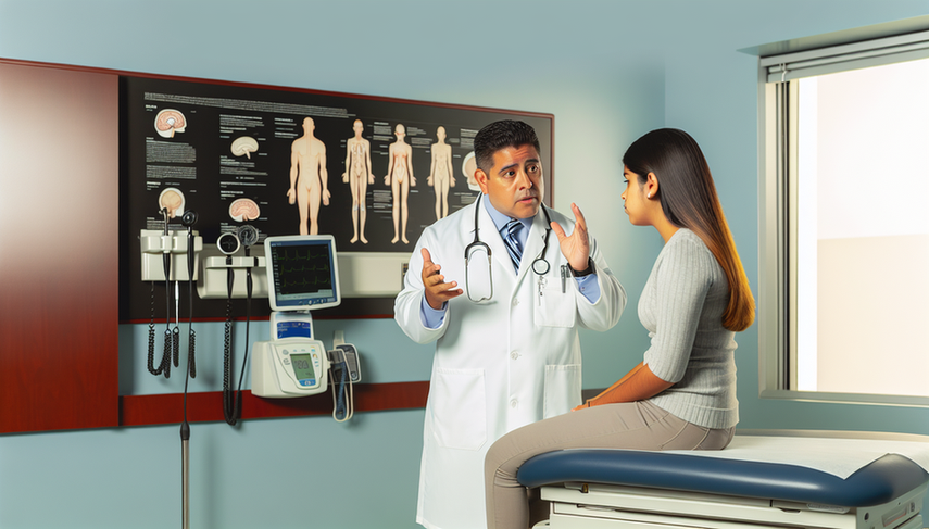 A middle-aged Hispanic doctor in a white coat and stethoscope gestures while explaining to a young Hispanic patient sitting on an examination table in a well-lit office. On the wall, there is a medical chart featuring diagrams of the brain and heart, indicating topics related to epileptic seizures and syncope. The scene conveys professionalism and empathy in communication, essential for discussing loss of consciousness, EEG, and orthostatic tests.