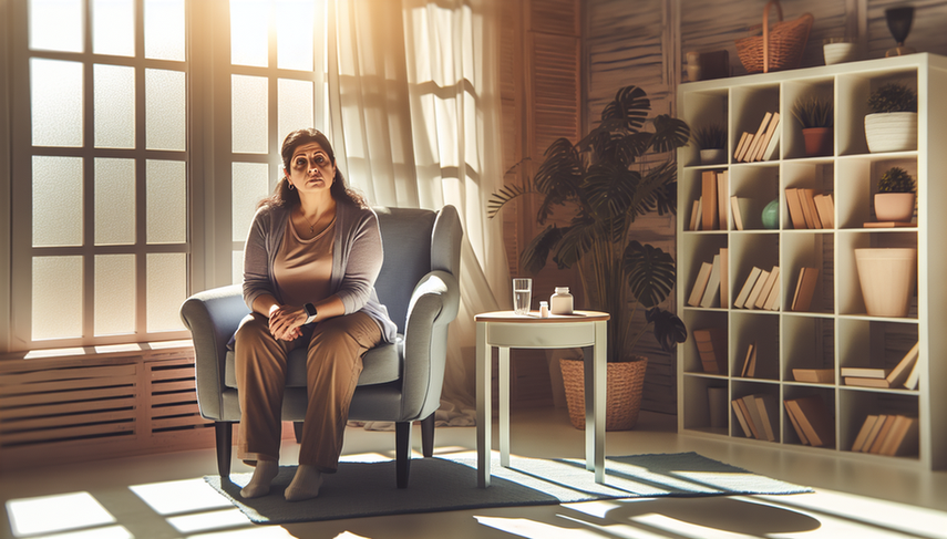Mujer hispana de mediana edad sentada en un sillón, con expresión contemplativa y esperanzada, en una habitación iluminada por luz natural. A su lado, una mesa con un vaso de agua y un frasco de suplementos de vitamina D, sugiriendo el tema de deficiencia de vitamina D y su relación con el dolor crónico y la fatiga. Al fondo, una estantería con libros médicos y plantas, creando un ambiente cálido y de conocimiento.