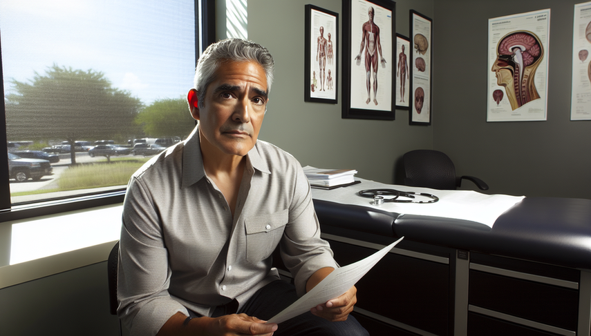 A middle-aged Hispanic man in a modern medical office, focused on a medical chart. Next to him are medical books and a stethoscope, with anatomical charts on the wall, prominently featuring one of the brain. The scene reflects a medical research environment related to corticobasal degeneration, asymmetric rigidity, apraxia, and the differentiation of atypical parkinsonism through magnetic resonance imaging.