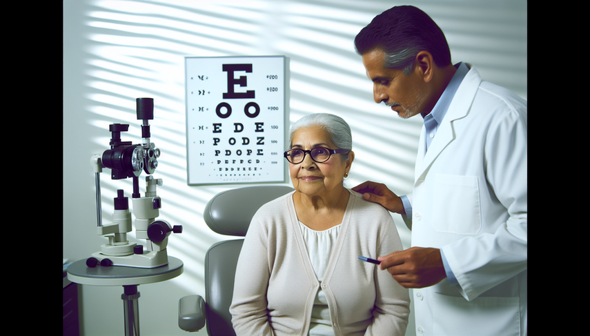 Una mujer hispana mayor en una consulta de oftalmología, usando gafas y observando atentamente un cartel de visión. Un oftalmólogo hispano le explica algo, señalando el cartel. La escena sugiere un examen ocular, relevante para el diagnóstico temprano de la degeneración macular relacionada con la edad.
