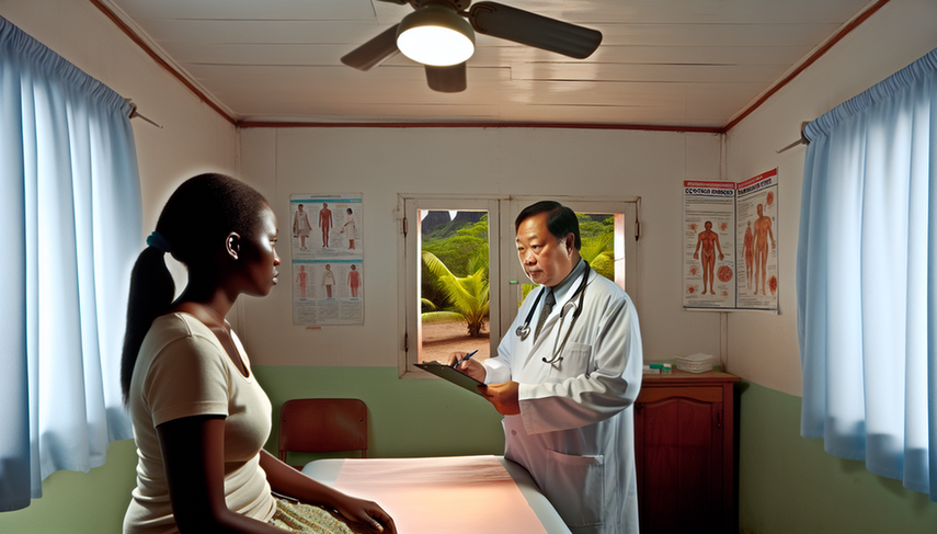 A middle-aged Southeast Asian physician examines a young African patient in a tropical clinic. The doctor, wearing a white coat and stethoscope, holds a clipboard with medical notes. The patient sits on an examination table, appearing fatigued yet calm. The modest clinic features a ceiling fan and a window showcasing tropical vegetation. A poster on mosquito prevention hangs on the wall. This image emphasizes the clinical interaction crucial for differential diagnosis between dengue fever and malaria, particularly in cases presenting with high fever and thrombocytopenia.