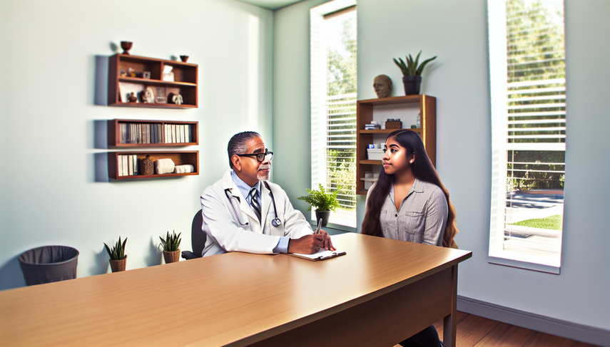 Bright medical office with a middle-aged Hispanic doctor in a white coat attentively listening to a young Hispanic woman. The scene conveys a warm and welcoming atmosphere, ideal for a psychiatric evaluation focused on major depression, bipolar disorder, and the history of episodes, emphasizing the importance of mood stabilizers in treatment.