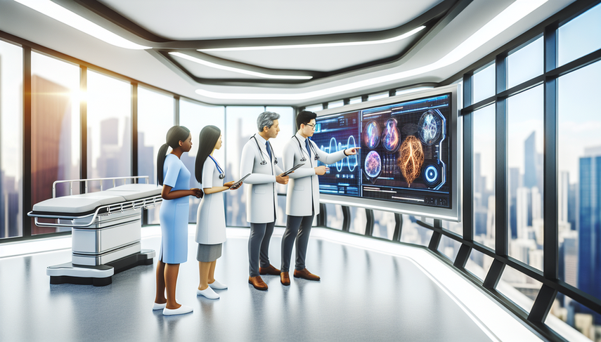 Un grupo diverso de profesionales de la salud, incluyendo un médico hispano, una doctora asiática y una enfermera afroamericana, discuten frente a una pantalla digital que muestra datos médicos complejos y algoritmos de IA en un hospital moderno. El entorno refleja un enfoque colaborativo y la integración de la inteligencia artificial en la práctica médica, con equipos avanzados y una vista de la ciudad al fondo.