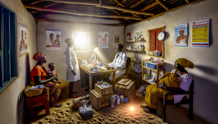 Clínica de salud rural en África con profesionales de la salud de ascendencia africana colaborando. El entorno muestra equipamiento médico básico y pacientes esperando, reflejando los desafíos y esfuerzos para mejorar el acceso a la atención médica en áreas desatendidas. La luz natural crea un ambiente cálido y esperanzador.