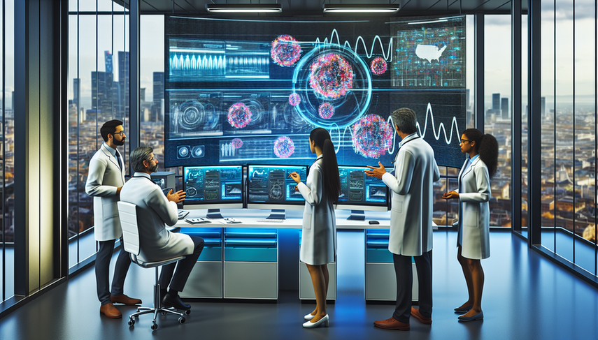A modern, high-tech laboratory featuring a diverse team of Hispanic scientists and physicians collaborating around a large digital screen. The screen displays complex data visualizations, colorful maps, and graphs related to epidemiological big data and outbreak detection. The environment reflects innovation and teamwork, focused on disease surveillance and preventive diagnosis.