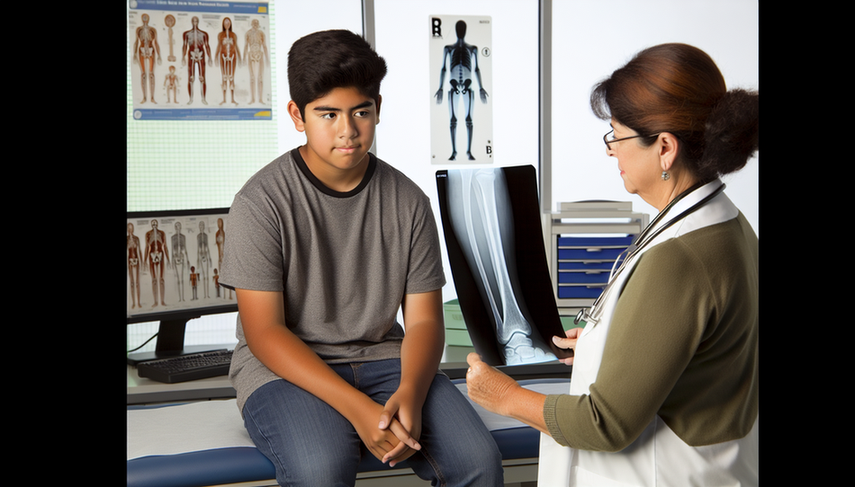 A 15-year-old Hispanic male in a modern medical examination room, with a Hispanic female doctor showing a bone X-ray that suggests possible osteosarcoma. The doctor explains the results, emphasizing the significance of early detection, bone pain assessment, and the role of a bone biopsy in diagnosis.