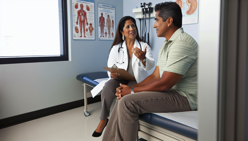 A middle-aged Hispanic man in a modern medical consultation, attentively observing a Hispanic female doctor holding a chest X-ray. The doctor points to a specific area in the image, emphasizing the importance of early detection and key tests such as spirometry and lung biopsy in diagnosing small cell lung cancer and its associated respiratory symptoms.