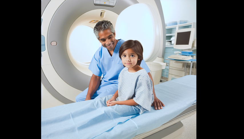 A Hispanic boy approximately 6 years old sits on a hospital bed in a modern medical imaging room. He wears a light blue hospital gown and curiously observes an advanced MRI machine. A Hispanic radiologist explains the procedure to him, fostering a supportive and calming environment, emphasizing the importance of early detection of medulloblastoma in pediatric diagnosis, particularly in cases presenting with ataxia and morning vomiting.