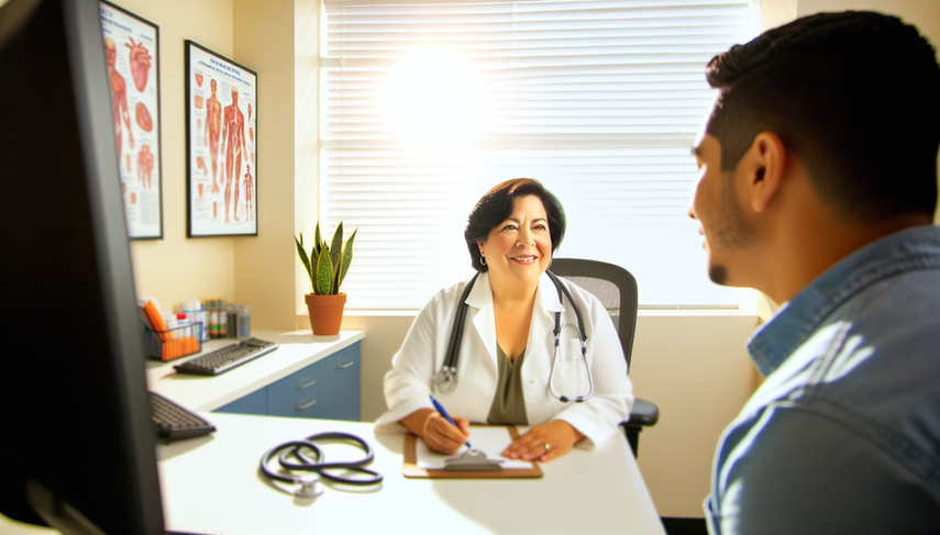 A middle-aged Hispanic female doctor in a white coat attentively listens to a young Hispanic patient during a primary care consultation. The scene illustrates a friendly and professional interaction, emphasizing the importance of communication and trust in the early detection of psychiatric disorders such as anxiety and depression, and the role of a referral network in primary care.