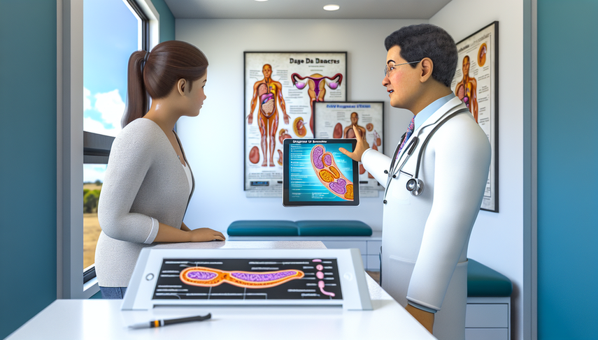 Consulta médica en una clínica moderna: un médico hispano de unos 40 años, con bata blanca y estetoscopio, explica a una paciente hispana de unos 30 años las diferencias entre diabetes tipo 1 y tipo 2 usando una tableta. La pantalla muestra un diagrama comparativo en español. La paciente escucha atentamente y asiente. En el fondo, se observan pósters médicos y un modelo de páncreas.