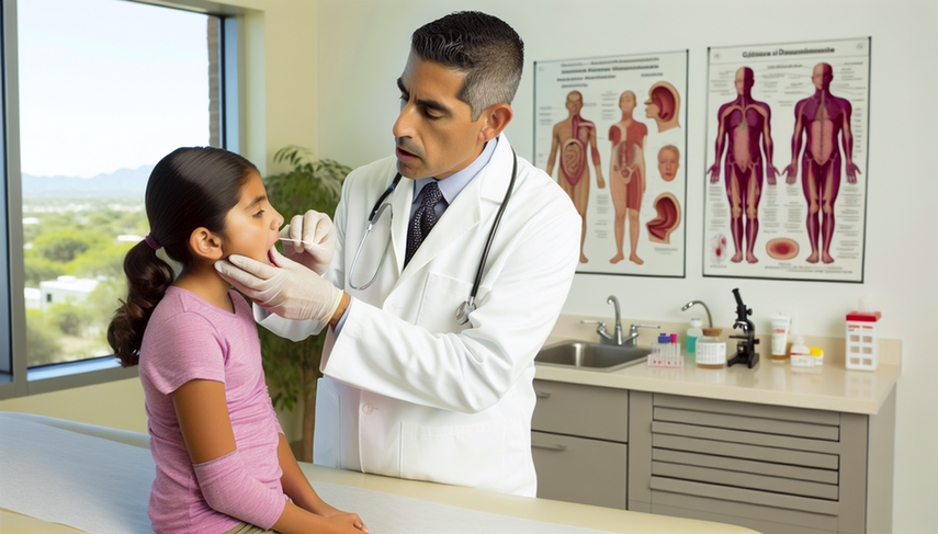 Fotografía de un médico hispano de unos 40 años, con bata blanca y estetoscopio, realizando un frotis faríngeo a una niña hispana de unos 10 años en una sala de examen médico. La niña está sentada en la camilla, tranquila y cooperativa. En el fondo, se observa un gráfico anatómico de la garganta en español. La imagen resalta el proceso diagnóstico de la amigdalitis.