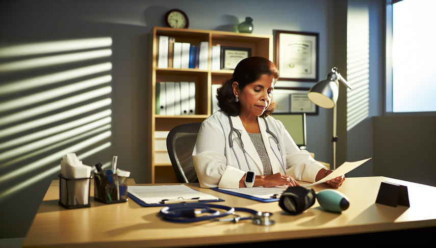 Doctora hispana de mediana edad en un consultorio médico revisando un expediente de paciente, con herramientas clínicas en el escritorio. Al fondo, una estantería con libros de medicina y un diploma en la pared, creando un ambiente profesional y acogedor.