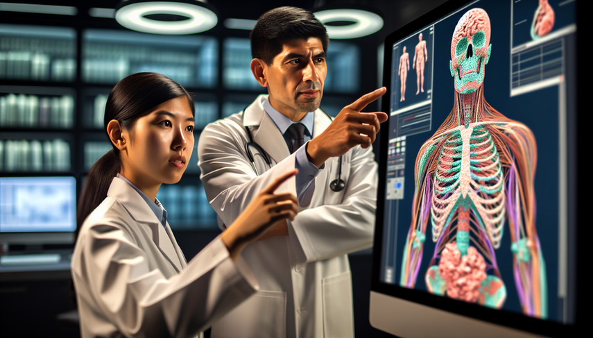 Un grupo diverso de profesionales de la salud, incluyendo un médico hispano y una doctora asiática, ambos en batas blancas, discuten frente a una pantalla de computadora que muestra un modelo anatómico 3D con patrones de colores y superposiciones de datos, simbolizando el diagnóstico asistido por computadora. La escena refleja un ambiente de tecnología médica avanzada y trabajo en equipo.