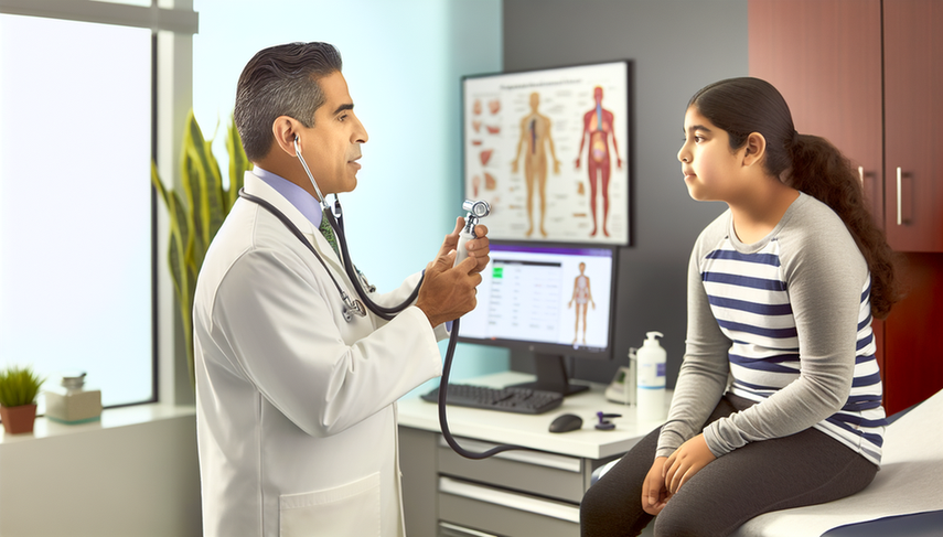 A Hispanic physician in his 40s, wearing a white coat and stethoscope, demonstrates how to use a spirometer to a Hispanic teenager in a modern medical office. In the background, a chart of the respiratory system and a screen displaying spirometry results are visible. This scene captures a professional and welcoming environment, essential for asthma diagnosis, including assessments of PEF variability and bronchoprovocation in patients with respiratory allergies.