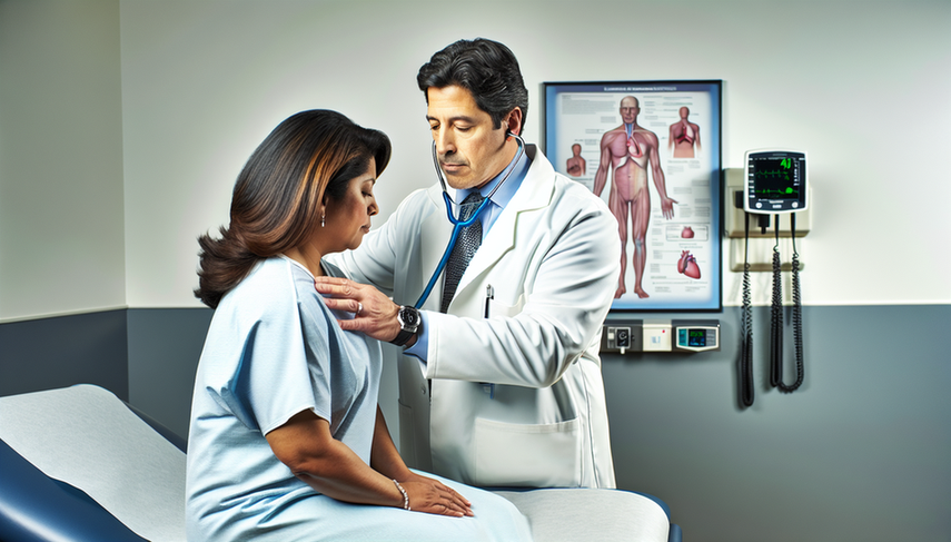 A Hispanic doctor in his 40s, wearing a white coat and stethoscope, carefully auscultates the chest of a Hispanic female patient in her thirties, seated on an examination table and dressed in a light blue hospital gown. A chart of the human respiratory system is visible on the wall. The professional environment features organized medical equipment, emphasizing the acute bronchitis diagnosis process, productive cough assessment, and pneumonia exclusion through chest X-ray.
