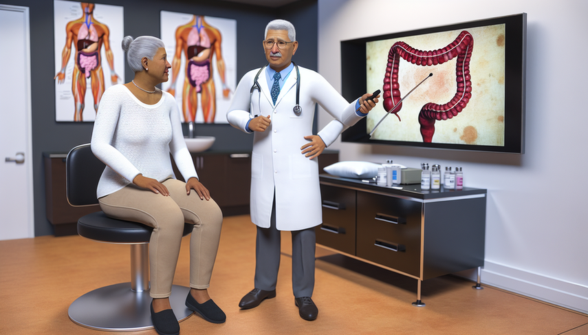 A middle-aged Hispanic physician in a white coat and stethoscope explains the colonoscopy procedure to a Hispanic female patient in her 50s, pointing to an anatomical diagram of the digestive system on a digital screen. The casually dressed patient listens attentively, displaying a slight look of concern. Nearby, medical tools including a colonoscope and labeled vials representing biomarkers are visible. This image emphasizes the significance of colorectal cancer diagnosis, including CEA levels, biopsy, and TNM staging.