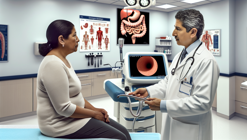 A Hispanic physician in his 40s, wearing a white coat and stethoscope, explains a procedure to a Hispanic female patient in her 50s using a model of the human stomach. In the background, an endoscopy machine displays a clear image of the stomach lining on the monitor. The scene reflects a professional and caring environment, emphasizing the importance of doctor-patient communication in the diagnosis of gastric cancer, including adenocarcinoma and the use of tumor markers, as well as the relevance of upper gastrointestinal endoscopy and Borrmann classification.