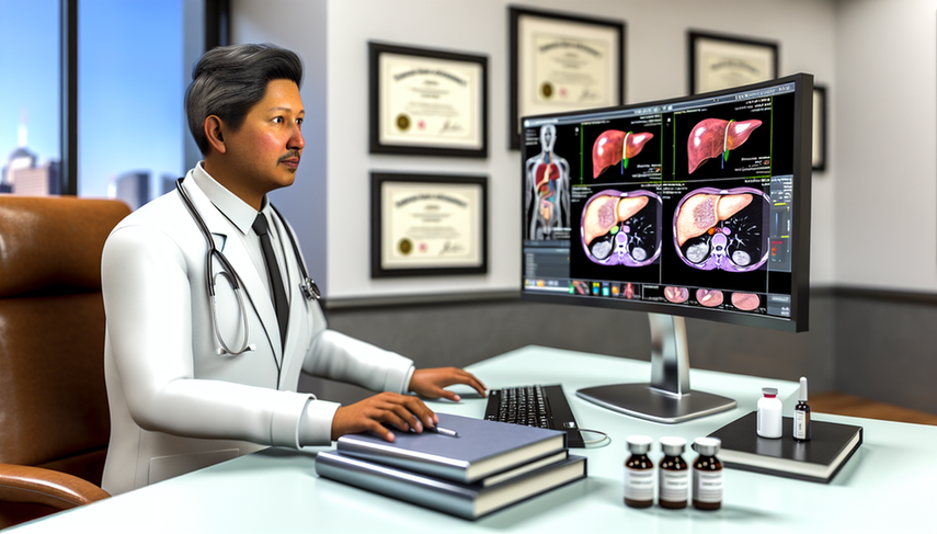 Un médico hispano de unos 40 años, con bata blanca y estetoscopio, revisa imágenes de diagnóstico por computadora en una oficina médica moderna. Las imágenes muestran escaneos detallados del hígado, resaltando áreas de interés. En el escritorio hay libros de medicina y viales etiquetados como marcadores tumorales. Al fondo, certificados médicos en la pared y una ventana con vista a un día soleado. La escena refleja un enfoque profesional en el diagnóstico del cáncer de hígado.