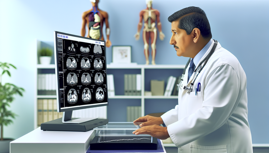 A Hispanic physician in his 40s, wearing a white coat and stethoscope, examines abdominal CT images that detail the pancreas. Nearby, a computer screen displays a graph showing rising levels of the CA 19-9 marker. The setting is a modern, well-organized medical office, emphasizing advanced medical analysis and pancreatic cancer diagnosis, including considerations for obstructive jaundice and endoscopic biopsy.
