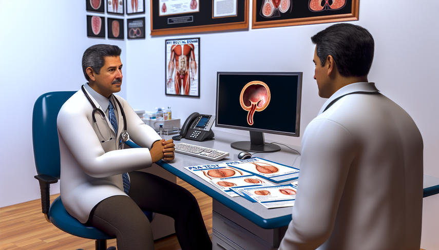 Un médico hispano de mediana edad, con bata blanca y estetoscopio, explica procedimientos de diagnóstico de cáncer de próstata a un paciente en una consulta médica. En el escritorio hay folletos en español sobre la prueba de PSA, el tacto rectal y la biopsia prostática. En la pantalla de la computadora se muestra una ilustración 3D de la glándula prostática. El ambiente es profesional y transmite confianza y comprensión.