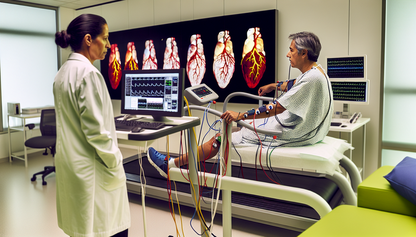 Fotografía de un paciente hispano de mediana edad realizando una prueba de esfuerzo en un hospital español, conectado a electrodos mientras una cardióloga monitorea el ECG en tiempo real. En el fondo, se muestra una imagen de angiografía coronaria en una pantalla, destacando la tecnología avanzada en el diagnóstico de cardiopatía isquémica.