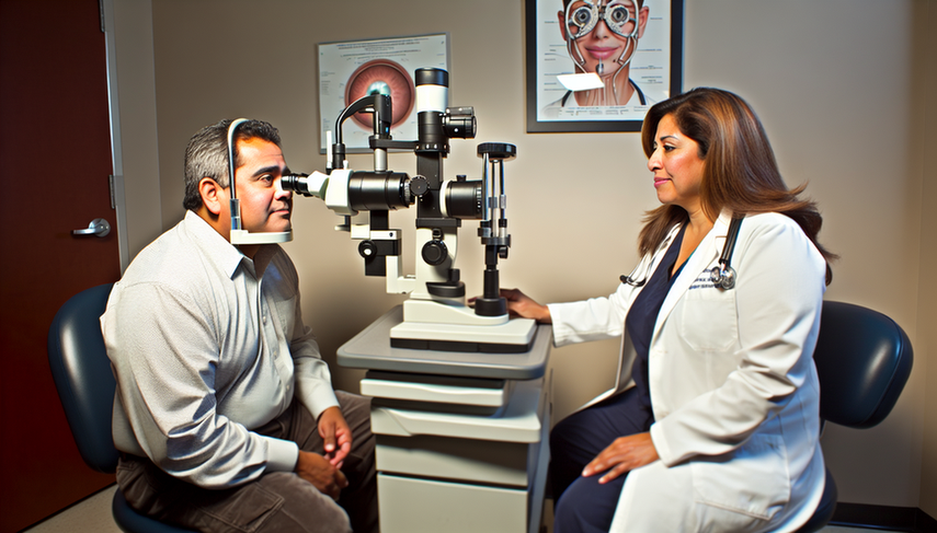A middle-aged Hispanic patient is seated in front of a slit lamp during an ophthalmology consultation. The doctor, a Hispanic woman in her 40s, is carefully examining the patient's eyes. This image emphasizes the biomicroscopic examination process for cataract diagnosis, highlighting lens opacification and its impact on blurred vision in a professional and trustworthy environment.