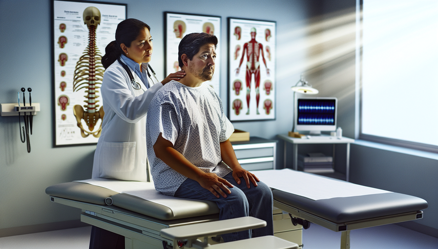 A middle-aged Hispanic patient with a concerned expression is seated on an examination table while a Hispanic doctor in a white coat and stethoscope conducts a neurological assessment of his neck. The doctor focuses on the clinical evaluation, emphasizing the importance of occupational history and provocative maneuvers. In the background, a cervical spine model and a computer with medical records highlight the critical role of cervical MRI in diagnosing cervicalgia and cervical radiculopathy.