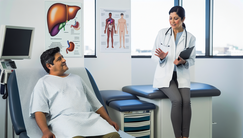 Un paciente hispano de mediana edad, sentado en una mesa de examen, escucha atentamente a una doctora hispana que le explica el diagnóstico de la cirrosis hepática. Ella señala un diagrama en la pared que muestra un hígado sano y uno con cirrosis. La consulta médica es moderna y bien equipada, destacando la importancia de la comunicación médico-paciente en el diagnóstico clínico.