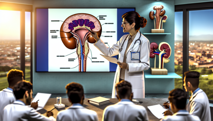 Hispanic female doctor in a modern medical office, explaining to medical students a diagram of the urinary system in English. She points to the bladder, emphasizing its role in cystitis diagnosis and the importance of urine culture to rule out pyelonephritis, particularly in cases involving E. coli.