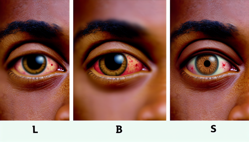 Primer plano de tres ojos humanos mostrando diferentes tipos de conjuntivitis: el ojo izquierdo con conjuntivitis bacteriana presenta enrojecimiento y secreción amarillenta; el ojo central con conjuntivitis viral muestra enrojecimiento y secreción acuosa; el ojo derecho con conjuntivitis alérgica tiene enrojecimiento, hinchazón y secreción acuosa.